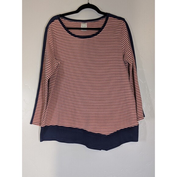 Blair Women's Blue Pink Asymmetrical Hem Striped 3/4 Sleeve Tshirt Size Medium - Picture 2 of 8